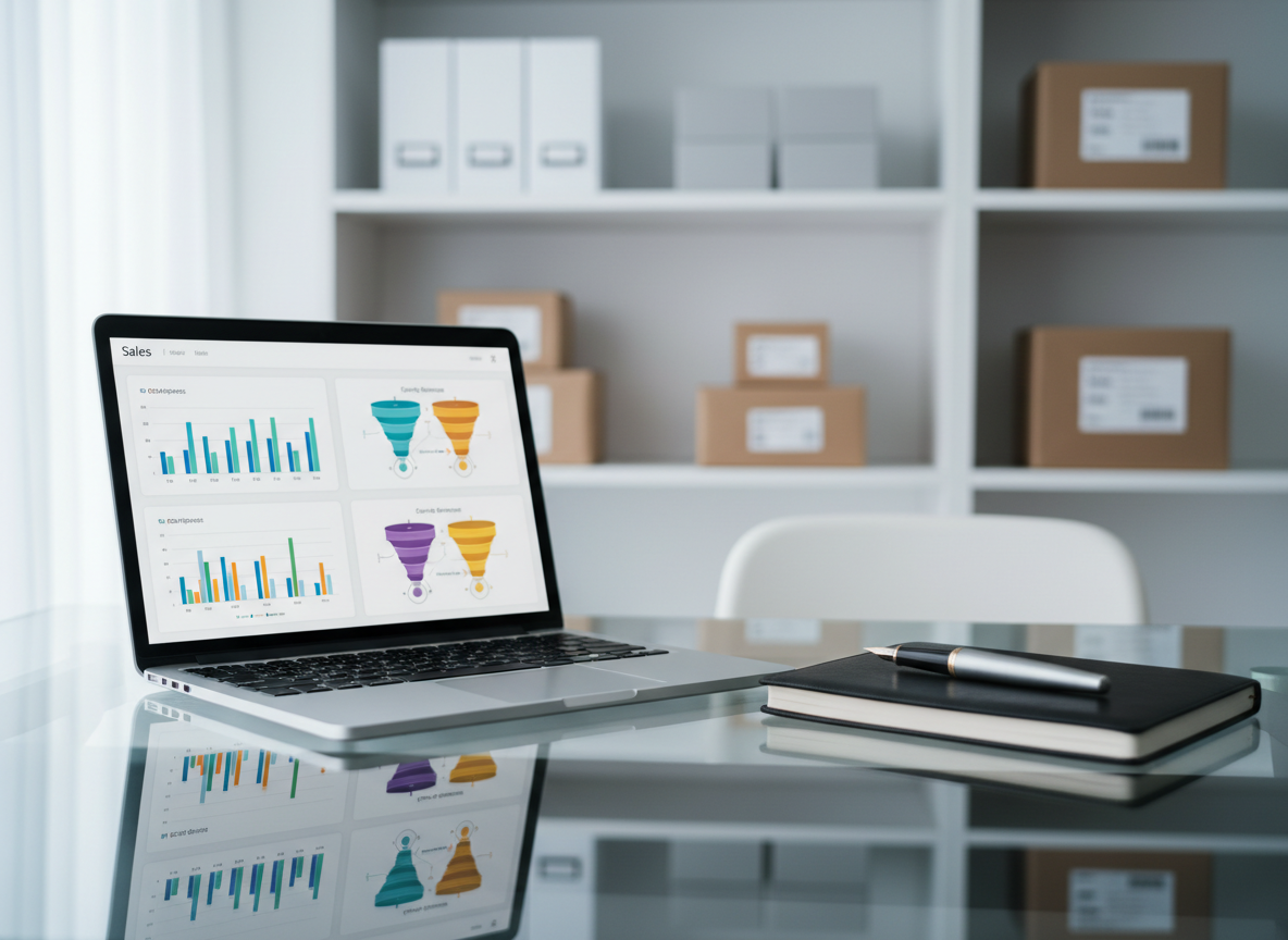 A sleek glass-topped workspace displaying an open silver laptop with a clean analytics dashboard of colorful bar charts and conversion funnels, next to a neatly arranged black leather notebook and a high-end steel pen. The desk sits against a softly blurred background of minimalist white shelving with organized product boxes and shipping parcels. Cool daylight from an unseen window to the left creates crisp reflections on the glass and subtle shadows under the objects. Photographic realism with a professional, corporate mood, shot at eye level with a slight angle, using shallow depth of field to keep the focus on the tools of online sales strategy and purchase planning.