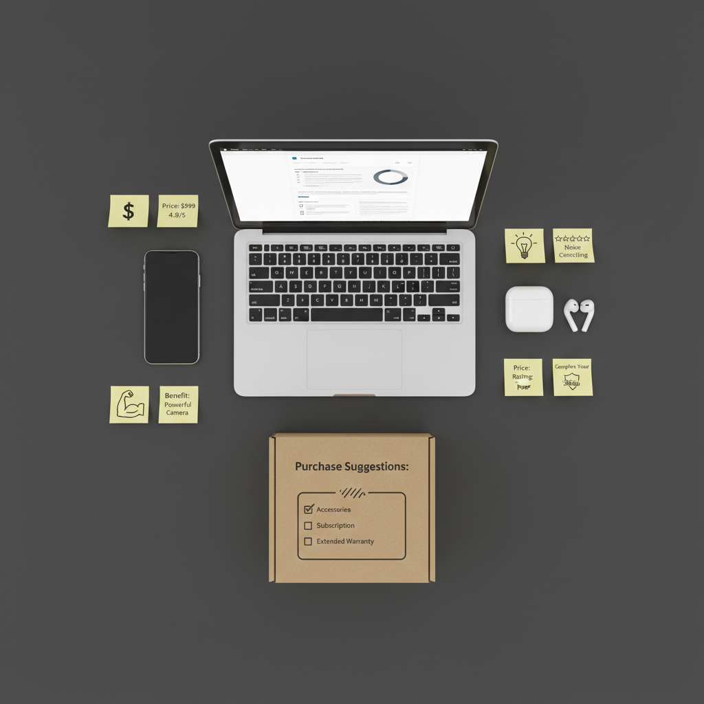 An elegant flat lay of curated consumer products arranged on a matte charcoal background: a premium smartphone, wireless earbuds in a glossy white case, a slim aluminum laptop, and a minimalist cardboard shipping box with a printed checklist of purchase suggestions. Each item has small sticky-note style tags with icons for price, rating, and benefits. Overhead softbox lighting produces even, diffused illumination, eliminating harsh shadows and highlighting subtle textures. The photographic image has a clean, modern aesthetic, with symmetrical composition and generous negative space, conveying organized, data-driven shopping recommendations for a professional sales-focused blog.